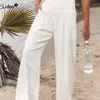 Spring Summer for Women Women Pants Office Lady Cotton Linen Pockets Solid Loose Casual White Wide Leg Long Trousers 240309