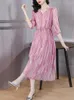 Feestjurken Zomer Vrouwen Casual Midi Roze Chiffon Jurk 2024 V-hals Elegantes Boho Verstoorde Koreaanse Mode Avond Vintage