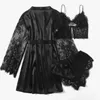 Sexy Nightgown Lingerie Black Lace Patchwork Nightdress Women Silk Kimono Lingerie Belt Bath Robe Nightwear Sleepwear 3 Pieces 240226