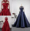 Vinage Arabic High Neck långa ärmar Illusion Ball Gown Evening Formell klädklänningar för kvinnor Plus Size Navy Bourgogne Satin Hollow9808754