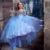 Sukienki dla dziewczynki niebieska suknia balowa na ramionach Baby Flower Tiul Court Train Dzieci Wedding Prom Gowns