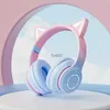 Cell Phone Earphones Cute Cat Ear Foldable Headphones LED Head-mounted Headphone Gaming Music Bluetooth Wireless HeadsetH240312