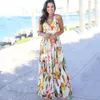 Lässige Kleider Multi Color Tropical Jungle Leaf Bohemian Langes Kleid Hosenträger Kreuz Zurück Weiblicher V-Ausschnitt Party Nacht Elegant Sexy