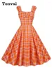 Lässige Kleider Tonval Square Neck Rüschen Büste Hohe Taille 50er Jahre Rockabilly Für Frauen Ärmelloses Vintage Pinup Plaid Kleid