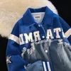 Klein Blue Denim Stitching Baseball Uniform Jacket Women Spring and Autumn Thin Lapel Par Men American Retro Trend 240305