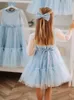 Robes de fille fleur bleu ciel Tulle à pois haut nœud ceinture à manches longues pour mariage fête d'anniversaire concours première Communion robes