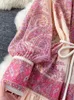 Outono feriado rosa maxi vestido roupas femininas turleneck longa lanterna manga flor retro impressão com cinto chiffon solto vestidos 240309