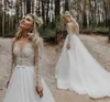 2020 Bohemian Wedding Dress Lace Appliqued Manga Longa Sheer V Neck Vestido De Noiva Sweep Train Beach Boho Vestidos de Noiva Bridal3854574