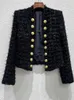 Autumn Winter Metal Double Breasted Tassel Bright Silk Wool Jacket Coat Women Black Tweed Short Cardigan Slim Outwear Top 240309