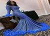 Glänsande gliter blå sequined prom klänningar vintage långärmad sjöjungfru v hals aftonklänningar fjäder appliced ​​vestidos aftonklänningar 2571851
