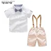 T-shirts Top and Top Summer Toddler Baby Boys Clothing Sets Short Sleeve Bow Tie Shirt+Suspenders Shorts Pants Formal Gentleman Suits L240311