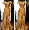 Fora do ombro vestidos de baile de ouro apliques tule cetim até o chão ver através de vestidos de noite elegantes vestidos formais zíper up4984157