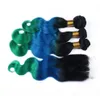 1B Bleu Sarcelle Ombre Cheveux Humains Brésiliens 3Bundles Avec Fermeture Trois Tons Colorés 4x4 Partie Fermeture À Lacets Avec Cheveux Brésiliens Bo1356948