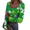 T-shirts voor dames Herfst en winter Slim Fit Basis T-shirt Modieus Casual St. Patrick's Day Print U-hals Lange mouw Poleras Mujer