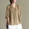 Women's T Shirts 2024 Summer Fashion Large Clothing Vintage Embroidery Cotton Linen Loose V-neck Middle Sleeve Shirt Pullover Tops