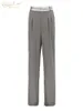 Clacive élégant lâche gris bureau femmes pantalons mode taille haute pantalon droit décontracté Chic épissé pleine longueur femme pantalon 240311