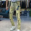 Jeans masculinos homens emendados zíper europeu retro rasgado calça angustiada para motocicleta calças punk slim streetwear hombre