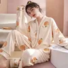 Women's Sleepwear Elizabeth Duck Japanese Kimono Spring Pajama Set Imitation Cotton Long Sleeve Homewear Casual V-Neck Lapel Cute