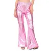 Pantalons pour femmes Sexy en cuir PU métallique brillant holographique évasé femmes filles taille élastique cloche bas pantalon Clubwear