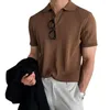 남성용 캐주얼 셔츠 라벨 짧은 슬리브 버튼 반 래치 펠 느슨한 남자 티셔츠 여름 단색 뜨개질 늑골 셔츠 탑 스트리트웨어