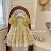 Sommer-Prinzessin-Kleid, runder Kragen, Puffärmel, koreanischer Stil, Baby-Party mit grüner Blumenspitze für Kinder E2011 240301