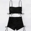 Damenbadebekleidung 2024 2-teiliges Bikini-Set Badende Badeanzug Badeshorts Schnürung Falten Weiblicher Badeanzug Hohe Taille Frauen