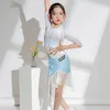 Stage Wear 2024 Girls Latin Dance Performance Clothes White Lace Tops Blue Skirt Fairy Dress Rumba Cha Practice Clothing BL12292