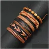 Bracelets de charme Corde à la main en cuir tressé Mtilayer en bois perlé ensemble de bijoux réglable décor bracelet pour hommes livraison directe Dhr2J