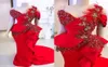 Plus la taille rouge sirène soirée Pageant robes 2020 nouveau luxe dentelle plume volants Peplum africain arabe occasion robe de bal 1298858