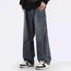 Mäns jeans män rak ben hiphop stil denim byxor med draperade fickor kvinnors höga midja baggy i streetwear för en