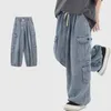 Мужские джинсы, мужские джинсовые брюки свободного покроя в стиле хоп с эластичной резинкой на талии, однотонные брюки с несколькими карманами на весну и осень A
