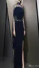 2020 Винтажные темно-синие вечерние платья с высоким воротником кафтан Дубай Вечерние платья с длинными рукавами и бисером Скромный халат с разрезом для выпускного вечера Dres7164214