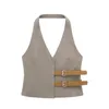 Damen Tanks 2024 Frauen Retro Elegante Rückenfreie Weste Ärmelloser Mantel Chic Weiblich Solide Straße Frühling Sommer Leder Knopf Neckholder Weste