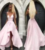 2020 Pink Prom Dresses High Low Satin Spaghetti Straps Sheer Neck Pluning Deep V Formell aftonklänning Cocktail Party Wear Custom MA4378680