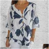 Womens Blouses Shirts Women Blouse Leaf Printed V Neck For Retro Three Quarter Sleeve Shirt With Contrast Color Soft Breathable Ladys Otkyv