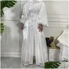 Etnische kleding Kimono Abaya Glanzend satijn Zomer Eenvoudige ballonmouwen Moslim Hijab-jurk S Effen open abaya's voor vrouwen Dubai Drop Deli Otl4H