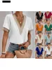 T-Shirt femme 2023 été nouvelle dentelle col en v T-shirt à traîneau court femmes blouse décontractée ample mince couleur unie pull 240311