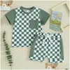 衣類セットベイビーボーイの服の夏の幼児衣装チェッカーボードワーク半袖Tシャツトップスショーツ