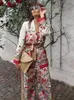 Retro çiçek baskılı blazer takım elbise kadınlar için bahar ol rahat uzun kollu ceket wideleg pantolon kadın moda 2 adet set kıyafet 240301