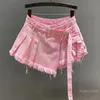 Irregular Pink Denim Skirt Womens Summer High Waist Slimming False Two-Piece A- Line Workwear Short Mini Skirts 240309