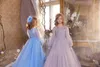 Kız Elbise Mavi Çiçek Elbise Düğün Parlayan Aplike Uzun Kollu Tül Dantelli Çocuklar Prenses Parti Pageant Balo Gowns