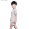 Tシャツkungfu男の子の服は中国の伝統的なコスチューム子供Tシャツショートパンツタンスーツリネン通気性ジャージートップL240311