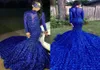 2019 New Elegant Royal Blue Long Sleeves Lace Mermaid Prom Dresses Tulle Applique Beaded 3D Floral Floor Length Evening Party DRES8328289