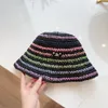 Rainbow colored designer bucket hat fashionable knitted straw woven inverted triangle letter fisherman hats breathable sun shading beach hat