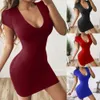 Sexy bainha vestido de manga curta de cor sólida para mulheres