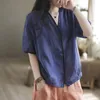 Blouses Femmes Chemises Femmes Vintage Col V Demi Manches Cardigans Coton Lin Casual Style Coréen Simple Boutonnage Chemisier Une Pièce Tops