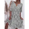 Casual Dresses Women Summer Fashion Print V-neck Short Sleeve Dress Loose Swing Midi Sand Vertidos Femininos Floral S-5XL