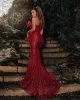 Arabic Sparkly Mermaid Evening Sexy Wear Red Sequined Prom Dresses Ruffles Formal Party Second Reception Gowns Custom Made