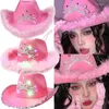 Basker kvinnor rosa västra cowgirl hatt flickor tiara fjäder kände västerländsk paljett cowboy cap costume fest klänning jazz mössor cosplay rekvisita
