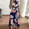 캐주얼 드레스 짧은 슬리브 maxi 드레스 꽃이있는 꽃 무늬 인쇄 조롱 칼라 벨트 허리 여성 A- 라인 스윙 여름 봄